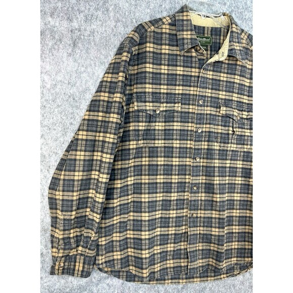 Eddie Bauer Chamois Flannel Shirt Plaid Men’s Size L Heavy Cotton Tan Gray Gorp - Picture 3 of 8